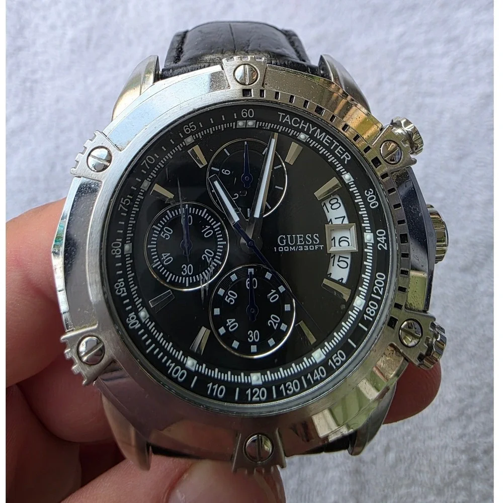 Guess Waterpro Chronograph Mens Watch Black Leather Strap U16518G2 100M Stainles